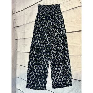 Joe B Palazzo Wide Leg Pants M High Waist Black Blue Diamond Print Y2K Rayon